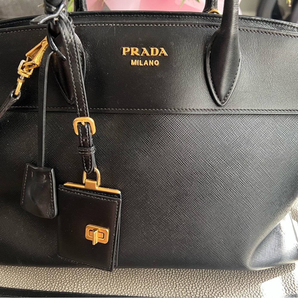 Prada Black Leather Tote with Gold Accents